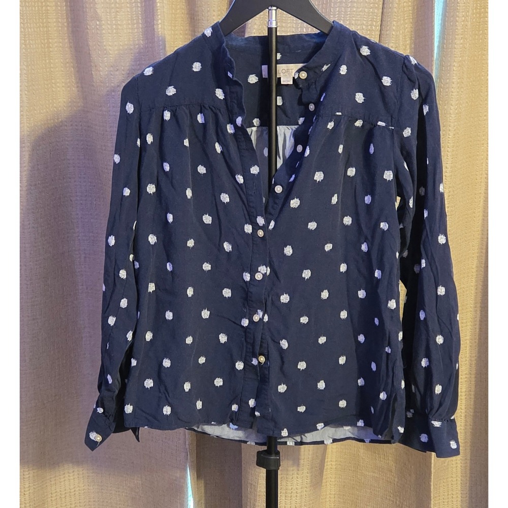 Loft‎ Button Up Polka Dot Blouse Women's Size XXS Navy White